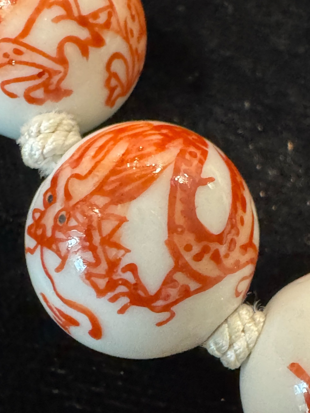Vintage Chinese Red & White Hand-Knotted Porcelain Beaded Dragon Necklace - Picture 2 of 5